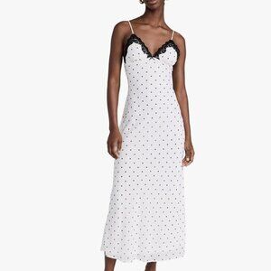 Black and White Polka Dot Maxi Slip Dress Black Lace Trim V-Neck Size XS